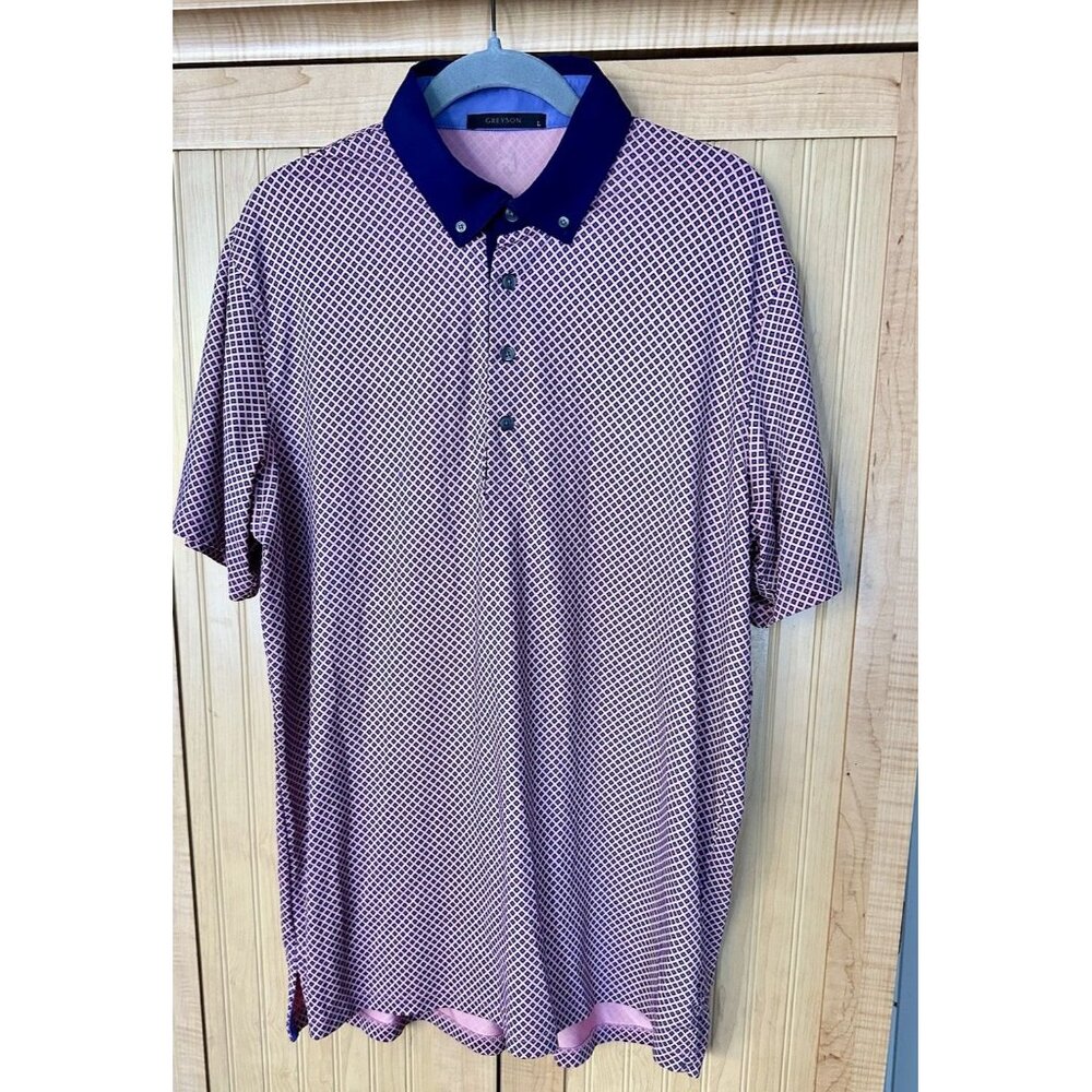 Greyson Mens Geometric Print Button Down Golf Polo Shirt Peach Navy Blue Size L - Picture 5 of 5